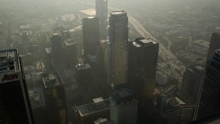 AX0017_070 - 5K aerial stock footage of approaching Ritz Carlton and Staples Center, Downtown Los Angeles