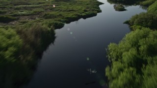 AX0018_053E - 5K aerial stock footage low altitude fly over of St. Johns River near Orlando at sunrise in Florida