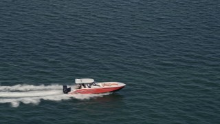 5K aerial stock footage track speedboat racing across Biscayne Bay, Florida Aerial Stock Footage | AX0020_008E