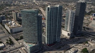 5K aerial stock footage of four tall skyscrapers in Downtown Miami, Florida Aerial Stock Footage | AX0020_030