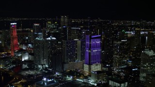 5K aerial stock footage approach Brickell World Plaza at night in Downtown Miami, Florida Aerial Stock Footage | AX0023_008E