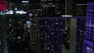 5K aerial stock footage flyby Brickell on the River and 500 Brickell at night in Downtown Miami, Florida Aerial Stock Footage | AX0023_147E