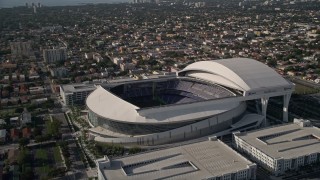 5K aerial stock footage of an orbit of Marlins Park, Miami, Florida Aerial Stock Footage | AX0024_031E