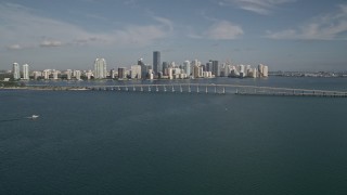 5K aerial stock footage of the Rickenbacker Causeway, Downtown Miami, and Biscayne Bay, Florida Aerial Stock Footage | AX0024_051