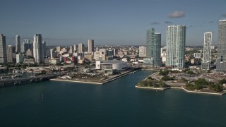 5K aerial stock footage of approaching American Airlines Arena, Downtown Miami, Florida Aerial Stock Footage | AX0024_065