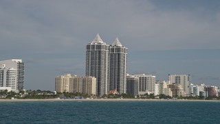 5K aerial stock footage of flying by the Blue and Green Diamonds, Miami Beach, Florida Aerial Stock Footage | AX0024_084