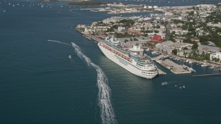 5K aerial stock footage of approaching docked Royal Caribbean Cruise Ship; Key West, Florida Aerial Stock Footage | AX0027_013