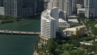 5K aerial stock footage of Mandarin Oriental on Brickell Key, Downtown Miami, Florida Aerial Stock Footage | AX0031_024