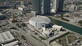 5K aerial stock footage of approaching American Airlines Arena, Downtown Miami, Florida Aerial Stock Footage | AX0031_039