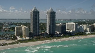 5K aerial stock footage flyby Blue and Green Diamonds, Miami Beach, Florida Aerial Stock Footage | AX0031_060