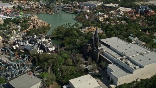 5K aerial stock footage of Wizarding World of Harry Potter, Universal Studios, Orlando, Florida Aerial Stock Footage | AX0035_017