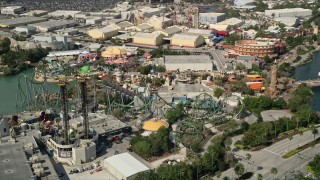 5K aerial stock footage of of Incredible Hulk Coaster at Universal Studios theme park, Orlando, Florida Aerial Stock Footage | AX0035_021