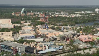 5K aerial stock footage video of Hollywood Studios and Walt Disney World Dolphin hotel, Orlando, Florida Aerial Stock Footage | AX0035_038