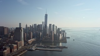 5K aerial stock footage of World Trade Center towers in Lower Manhattan, New York City, winter Aerial Stock Footage | AX0065_0091E