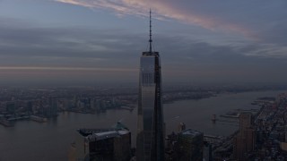 5K aerial stock footage of orbiting Freedom Tower in Lower Manhattan with Hudson River in the background, New York City, winter, sunset Aerial Stock Footage | AX0065_0203