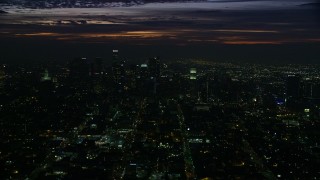 7.6K aerial stock footage of Downtown Los Angeles skyscrapers at sunrise, California Aerial Stock Footage | AX0156_021E