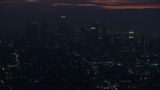 7.6K aerial stock footage of towering Downtown Los Angeles skyscrapers at sunrise, California Aerial Stock Footage | AX0156_027E