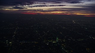 7.6K aerial stock footage of a wide view of Downtown Los Angeles skyscrapers at sunrise, California Aerial Stock Footage | AX0156_030E