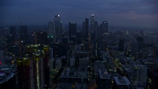 7.6K aerial stock footage of the tall skyscrapers of Downtown Los Angeles at sunrise, California Aerial Stock Footage | AX0156_051E