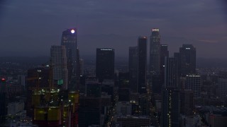 7.6K aerial stock footage of giant skyscrapers in Downtown Los Angeles at sunrise, California Aerial Stock Footage | AX0156_058