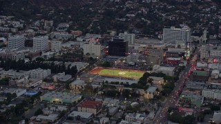 7.6K aerial stock footage of Hollywood High School football field, twilight, Hollywood, California Aerial Stock Footage | AX0158_018