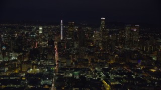 7.6K aerial stock footage of skyscrapers at night while flying by Downtown Los Angeles, California Aerial Stock Footage | AX0158_095E