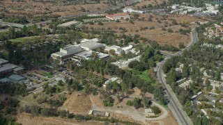 AX0159_017E - 7.6K aerial stock footage orbiting the campus of California Institute of the Arts, Santa Clarita, California