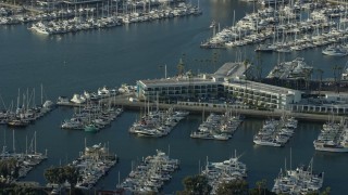 AX0161_058 - 7.6K aerial stock footage of Marina Del Rey Hotel and boats in the marina in Marina Del Rey, California