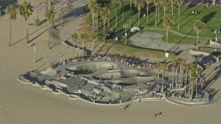 7.6K aerial stock footage of Venice Skate Park on Venice Beach in Venice, California Aerial Stock Footage | AX0161_064E