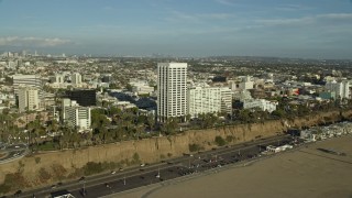 7.6K aerial stock footage of office Buildings beside the Pacific Coast Highway in Santa Monica, California Aerial Stock Footage | AX0161_082