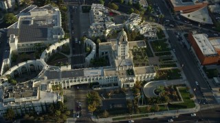 7.6K aerial stock footage flying by and away from city hall in Beverly Hills, California Aerial Stock Footage | AX0161_118