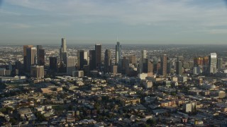 7.6K aerial stock footage flying by the skyscrapers in Downtown Los Angeles, California Aerial Stock Footage | AX0162_024E