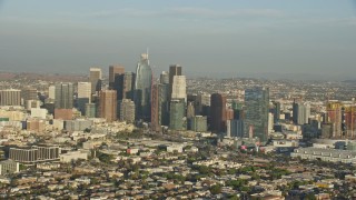 7.6K aerial stock footage of a group of tall skyscrapers in Downtown Los Angeles, California Aerial Stock Footage | AX0162_028