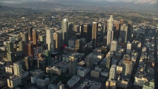 7.6K aerial stock footage flying over Aon Center and approach heavy 110 traffic in Downtown Los Angeles, California Aerial Stock Footage | AX0162_039E