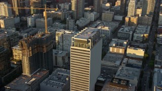 7.6K aerial stock footage orbiting Transamerica Center at twilight in Downtown Los Angeles, California Aerial Stock Footage | AX0162_068