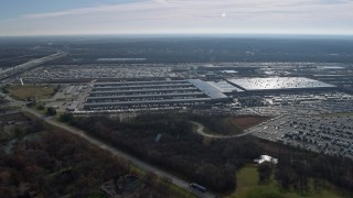 4K aerial stock footage of flying by a massive UPS warehouse in Hodgkins, Illinois Aerial Stock Footage | AX0165_0009