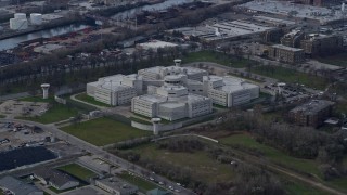 4K aerial stock footage of an orbit of the Cook County Jail in West Side Chicago, Illinois Aerial Stock Footage | AX0165_0017