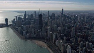 4K aerial stock footage of a view of lakefront skyscrapers in Downtown Chicago, Illinois Aerial Stock Footage | AX0165_0031