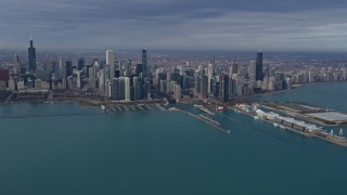 4K aerial stock footage of waterfront skyscrapers and Navy Pier in Downtown Chicago, Illinois Aerial Stock Footage | AX0165_0036