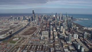 4K aerial stock footage of approaching the Downtown Chicago skyscrapers, Illinois, from South Side Aerial Stock Footage | AX0165_0049