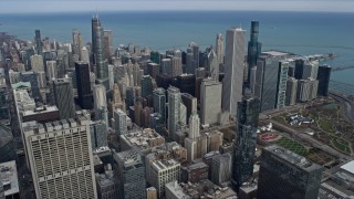 4K aerial stock footage approach skyscrapers near Grant Park in Downtown Chicago, Illinois Aerial Stock Footage | AX0165_0076