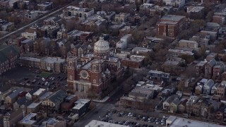 AX0166_0007 - 4K aerial stock footage of a Catholic Church in North Side Chicago, Illinois