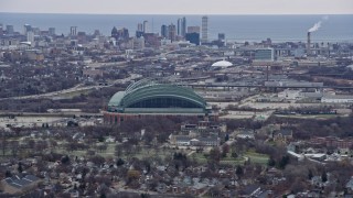 4K aerial stock footage of American Family Field baseball stadium in Milwaukee, Wisconsin Aerial Stock Footage | AX0166_0068