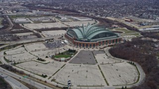 4K aerial stock footage of approaching American Family Field baseball stadium in Milwaukee, Wisconsin Aerial Stock Footage | AX0166_0069