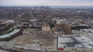 AX0166_0071 - 4K aerial stock footage of flying by the Miller Brewery in Milwaukee, Wisconsin