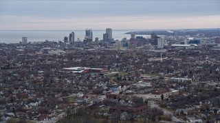 4K aerial stock footage of a wide view of skyscrapers in downtown, Milwaukee, Wisconsin Aerial Stock Footage | AX0167_0004