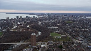 4K aerial stock footage of a wide view of the city's downtown area, Milwaukee, Wisconsin Aerial Stock Footage | AX0167_0006