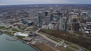 4K aerial stock footage circling tall skyscrapers and lakefront museum in downtown, Milwaukee, Wisconsin Aerial Stock Footage | AX0167_0021