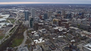 AX0167_0022 - 4K aerial stock footage circling tall skyscrapers in downtown, Milwaukee, Wisconsin