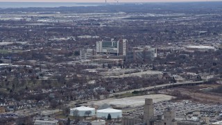 4K aerial stock footage of flying past a hospital, Milwaukee, Wisconsin Aerial Stock Footage | AX0167_0031